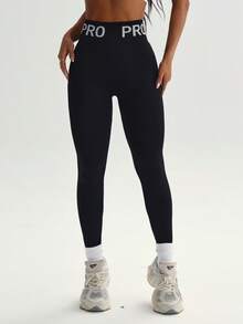 Dewbera Women's Seamless High Waist Letter Print Tummy Control Leggings - Black - View 7