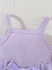 SHEIN 2-25个月女宝宝夏季新款红色罗纹爱心印花荷叶边下摆可爱休闲无袖连衣裙 - 紫色 - 查看 6