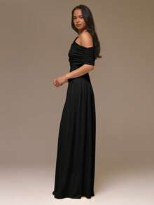 MUSERA Đầm maxi xếp ly bất đối xứng, nhún vai, thắt eo, phong cách cá tính, dễ thương, mùa đông, dự tiệc, thanh lịch. - màu đen - Xem 2