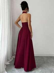 Rafferiza Đầm dài thanh lịch không tay cổ chữ V, thiết kế khoét eo, xếp ly, màu tím, hàng mới về mùa xuân/hè, đầm dài duyên dáng dành cho nữ. - Màu Đỏ Sâu - Xem 2