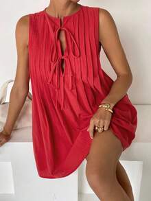 Siren Gaze 女士纯色前系带无袖休闲简约迷你连衣裙 - 紅色 - 查看 8