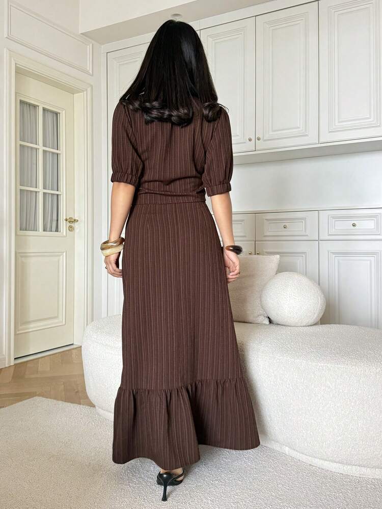 Women's Casual Striped Puff Sleeve Shirt And Skirt 2 Pieces Set, Summer