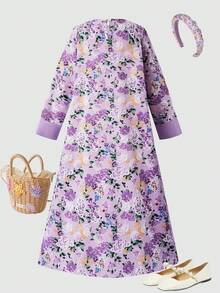 SHEIN Explorewe 女童数码印花V领长袖连衣裙，饰有花朵滚边，适合春夏日常、度假和休闲穿着。 - 淡紫色 - 查看 2
