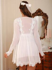 SHEIN 3pcs Bride Series Embroidered Mesh Wireless Sexy Nightgown Set For Women - White - View 2