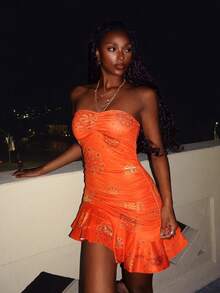 SHEIN DivaQ Women's Fashionable Orange Printed Knit Tube Dress - Multicolor - View 4