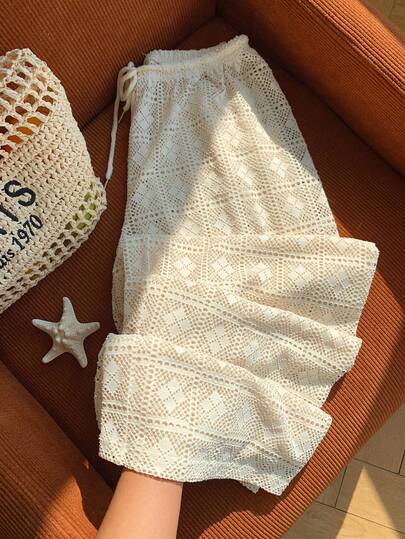 Comfortcana Plus Size Hollow Out Drawstring Waist Pants, Suitable For Spring & Summer Vacation