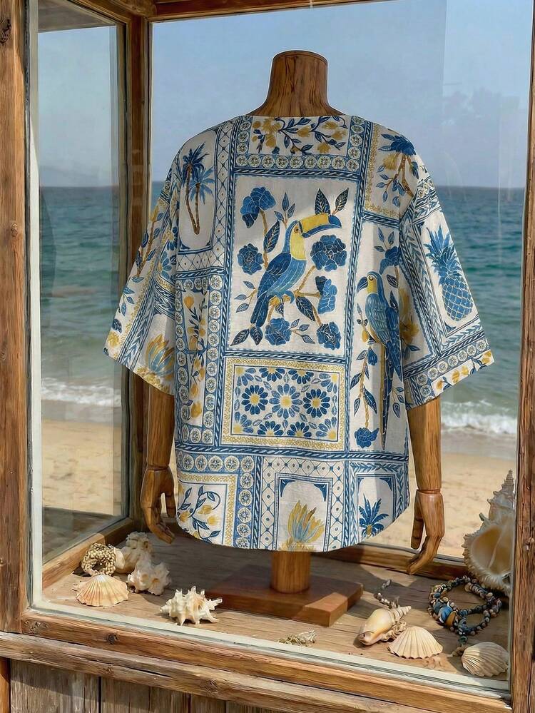 Plus Size Women Floral Print V-Neck Button Design Casual Shirt\Summer\Vacation Summer Tops Summer Outfits Summer Clothes  Spring  Spring Outfit Women Spring Clothes Country Style For Women Vacation Outfits Women  Seaside Retro Mannequin Window Display Graphic Tops