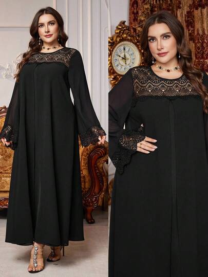 SHEIN Najma Plus Size Svart Spetsklänning Med Patchwork Ledig Avslappnad Enfärgad Klänning
