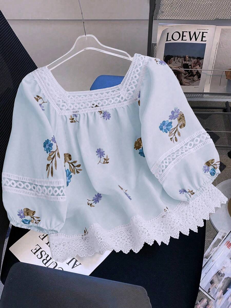 Franclia Áo sơ mi nữ cổ vuông in hoa, thích hợp mặc đi nghỉ mát mùa hè. - Màu xanh nhạt - Xem 1