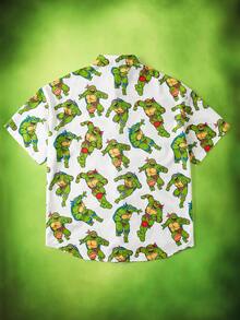 TEENAGE MUTANT NINJA TURTLES | SHEIN Men's Casual Loose Woven Classic Character All-Over Print Short Sleeve Shirt - Green - View 2