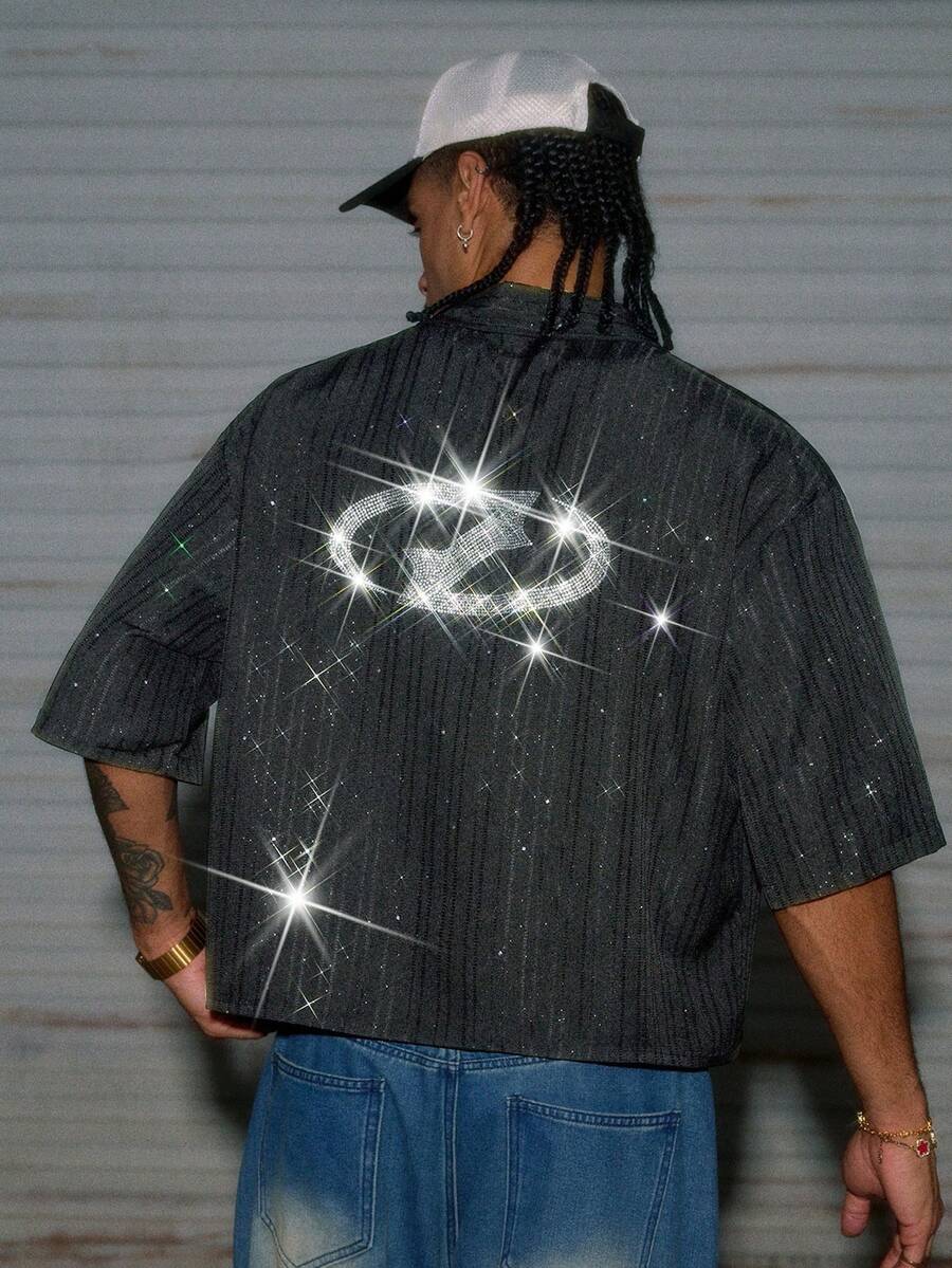 AXEPEAK S017# Men's Grey Rhinestone Decor Single-Breasted Short Sleeve Shirt - Dark Grey - View 1