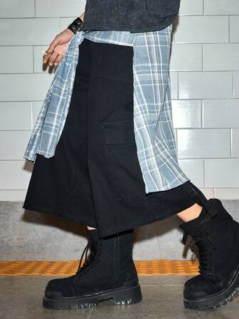 Street Life Pantalones cortos de mezclilla con parches a cuadros de moda para hombres