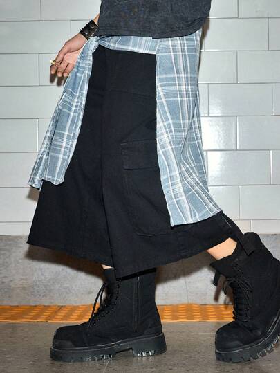 Street Life Pantalones cortos de mezclilla con parches a cuadros de moda para hombres