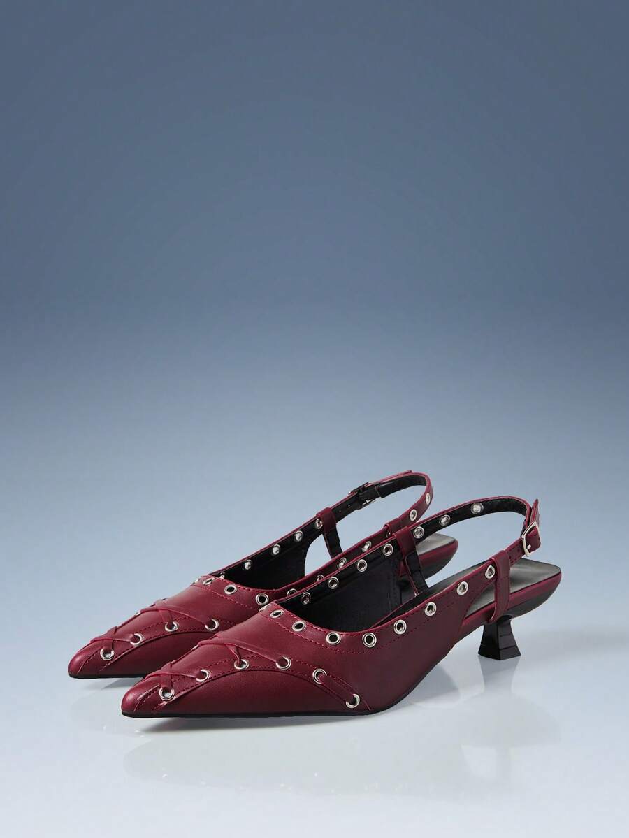 CUCCOO GRLICON Women's Rivet Buckle Pointed Toe High Heel Pumps - Burgundy - View 1