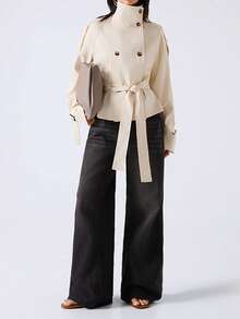 LYSMO 女士立领腰带设计纽扣休闲百搭日常长袖风衣外套 - 紫色 - 查看 7