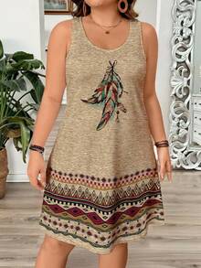 SHEIN LUNE 大码无袖羽毛印花连衣裙，宽松下摆吊带连衣裙，大码无袖圆领连衣裙，棕色夏季连衣裙，大地色系连衣裙，夏季休闲连衣裙，波西米亚风夏季连衣裙，女士休闲连衣裙，波西米亚风连衣裙，女士针织连衣裙 - 彩色 - 查看 3