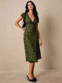 Poéselle Đầm midi ôm dáng tay ngắn phối màu tương phản dành cho nữ, thanh lịch mùa hè. - xanh quân đội - Xem 6