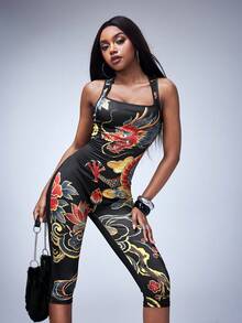 Y2Kool BiGraphic Women's Black Sexy Streetwear With Dragon And Lotus Print In New Chinese Style Jumpsuit Bodycon Jumpsuit Sexy Jumpsuits For Woman - Black - View 7