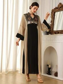 Al Najma 女士优雅亮片镂空领阿拉伯风格连衣裙 - 黑色 - 查看 6