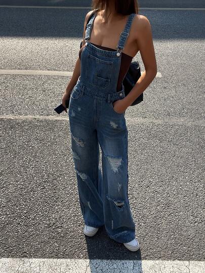 DAZY Vintage Washed Distressed Denim Bib Overalls For Women, Loose Fit Slimming Straight Leg Jumpsuit