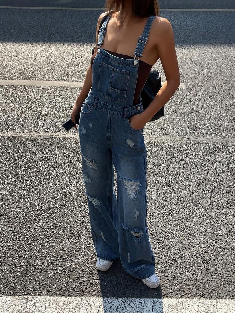 Vintage Washed Distressed Denim Bib Overalls For Women, Loose Fit Slimming Straight Leg Jumpsuit