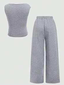 SHEIN 少女休闲不对称下摆修身针织上衣和直筒裤套装，浅灰色，春夏款 - 淺灰色 - 查看 3