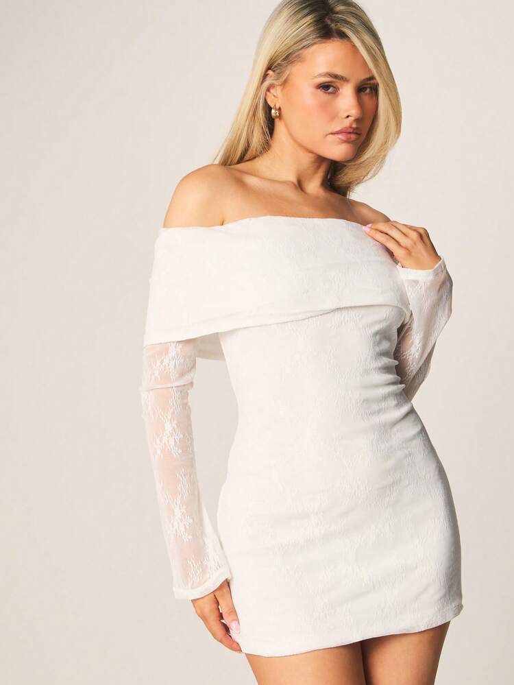 MISSGUIDED Bardot Lace Off The Shoulder Long Sleeve Mini Dress With Sheer Sleeves And Fold Over Detail