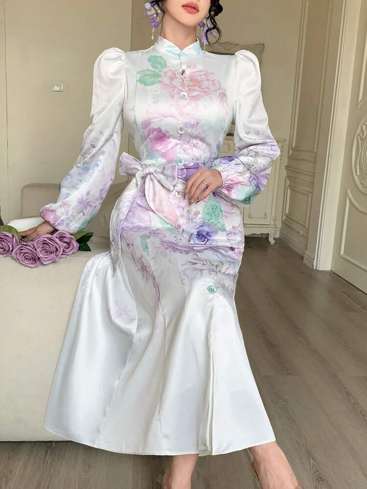 Women's Elegant Floral Print Stand Collar Puff Sleeve Belted Midi Dress, Spring/Summer Wedding Guest Dress Sundress