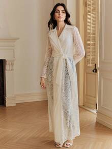 Anewsta 女士新款修身优雅蕾丝风衣 - 杏色 - 查看 6