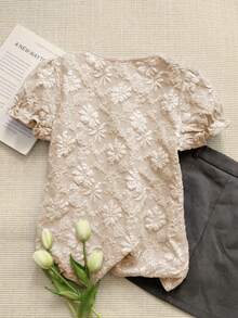 SHEIN LUNE Blue Elegant Cardigan Collar Jacquard Puff Sleeve Blouse, Summer - Khaki - View 2