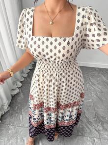 Elenzga Vestido de verano para mujer de talla grande, cuello cuadrado, manga corta con cordón en la cintura, vestido floral con estampado retro, conjunto de playa para mujer, vestido de color albaricoque de talla grande, vestido de lunares de talla grande, adecuado para primavera, Día de San Valentín, fiesta, invitada de boda, graduación, vacaciones, vestido elegante para mujer, vestido casual para mujer, vestido formal, conjunto para exteriores para mujer - Albaricoque - Ver 1