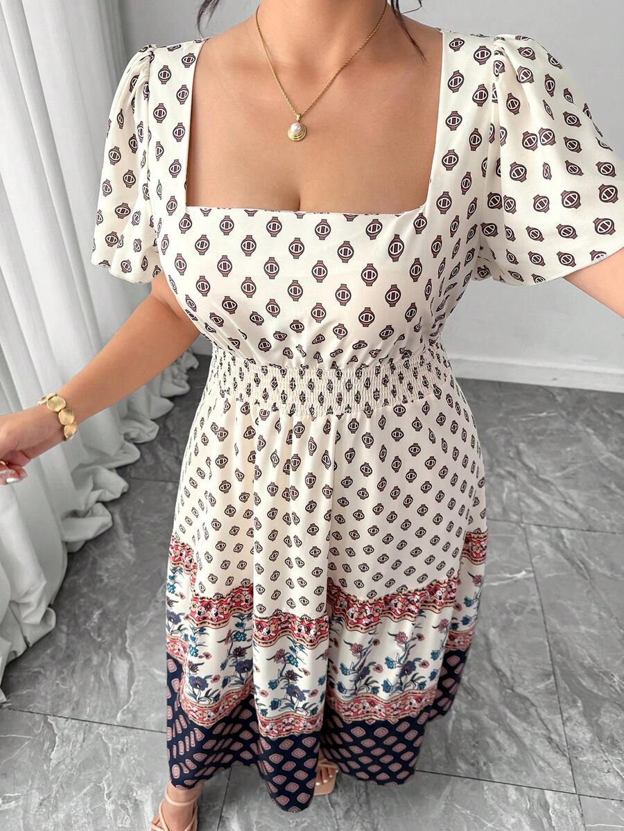 Elenzga Vestido de verano para mujer de talla grande, cuello cuadrado, manga corta con cordón en la cintura, vestido floral con estampado retro, conjunto de playa para mujer, vestido de color albaricoque de talla grande, vestido de lunares de talla grande, adecuado para primavera, Día de San Valentín, fiesta, invitada de boda, graduación, vacaciones, vestido elegante para mujer, vestido casual para mujer, vestido formal, conjunto para exteriores para mujer - Albaricoque - Ver 1