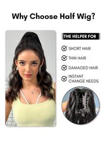 QUICK WEAR Ponytail Human Hair Clip On Ponytail Ponytail Extension 16 Inch Claw Clip Ponytail Extension Long Wavy Clip On Ponytails For Women Natural Black 100% Human Hair Extensions Ponytails Hair Extension - Natural Black - View 8