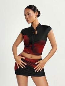 SHEIN ICON Chinese Style Retro Floral Print Mini Skirt - Black - View 3