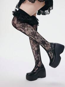 ROMWE 女款時尚膝上襪，蕾絲拼接設計，凸顯女性魅力 - 黑KM - 查看 4