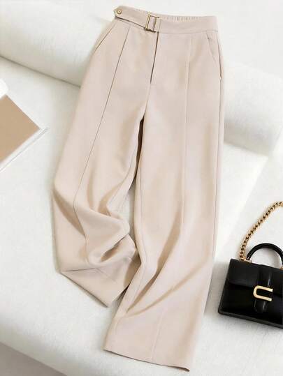 Franclia Women's Minimalist Khaki Single-Buckle Belt Decor Casual Straight-Leg Pants, Sleek Silhouette For Work And Daily Wear