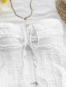 SHEIN Unity Áo kiểu nữ mùa hè đi biển, màu trơn, chất liệu vải dệt họa tiết, phối ren tương phản, 1 kiểu mặc được, 2 cách phối. - trắng - Xem 3