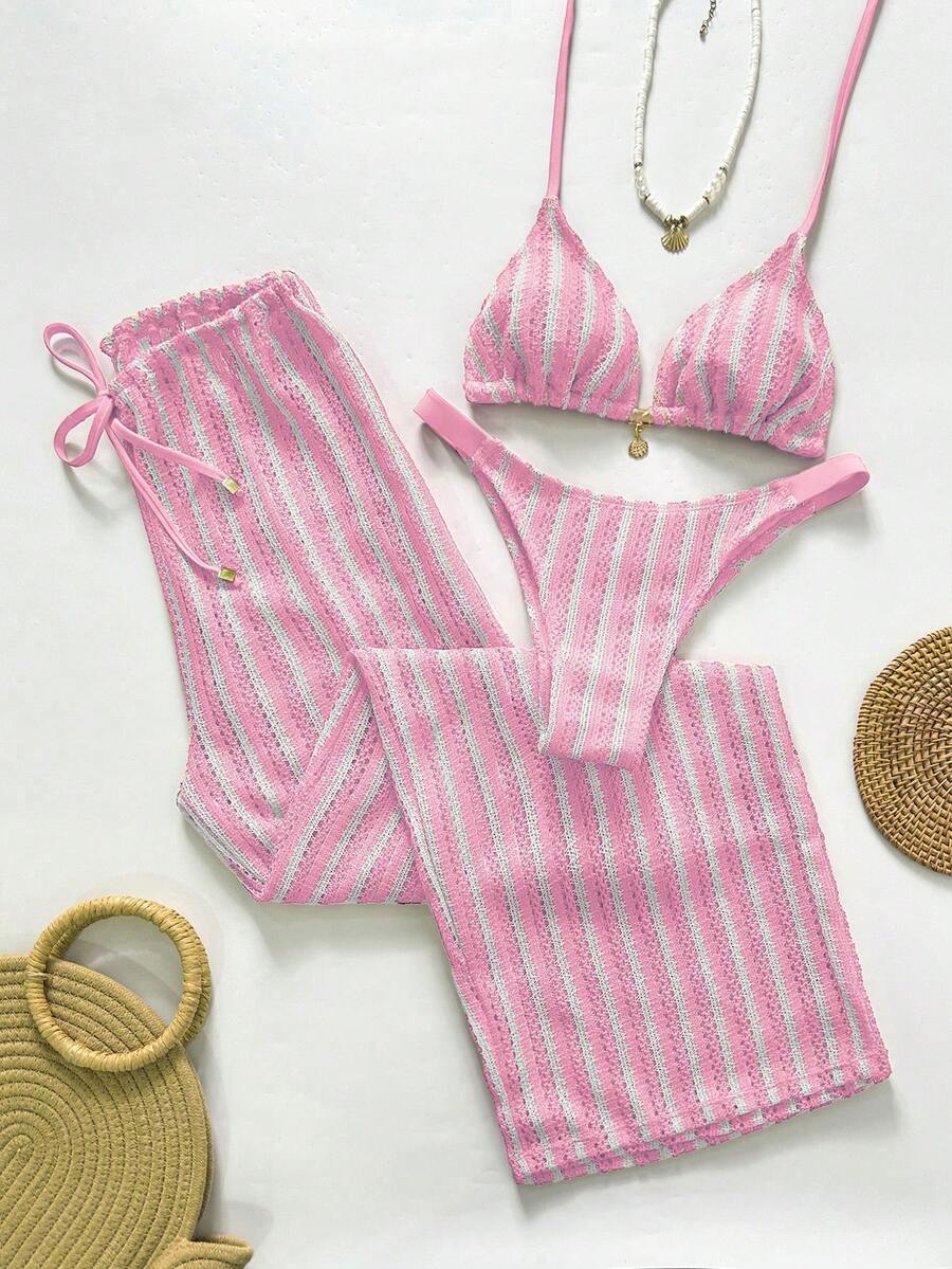 SHEIN Swim Chicsea 女士夏季沙滩条纹吊带性感比基尼泳装套装，含罩衫裤，女士泳衣套装，夏季休闲套装，女士泳装套装，女士沙滩套装，两件式沙滩套装 - 粉色 - 查看 1