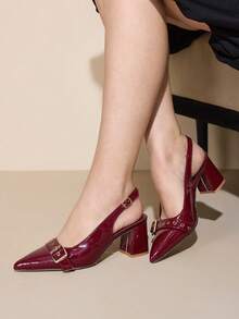 CUCCOO CURVES 女士尖头搭扣设计日常百搭时尚宽楦高跟鞋 - 酒紅色 - 查看 5