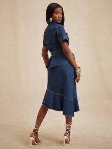 NYA SZN Pierre Skirt Denim High Waisted Rise Ruffle Detail Dark Wash Asymmetrical Fitted Bodycon Blue Festival Holiday Carnival Cool Girl Eve Easter Valentine's Day Winter Spring Summer Casual Everyday Streetwear Luxury Midi Length Outfits For Women - Medium Wash - View 2