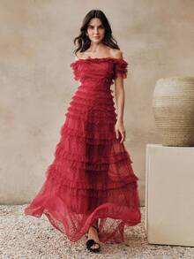 Anewsta 女士新款酒红色网纱喇叭连衣裙，春夏款，适合生日派对、婚礼、伴娘等场合，A字露肩连衣裙，红色长裙，红色荷叶边连衣裙，红色长款连衣裙，女士红色连衣裙 - 紅色 - 查看 3