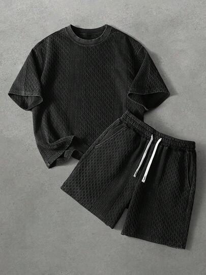 PAVTROS 2pcs/Set Pavtos Men's Street Style Cotton Short Sleeve T-Shirt And Shorts, Knitted Fabric With Jacquard Texture, Vintage Washed, Suitable For Retro, Punk, Y2K, Clean-Fit Enthusiasts, Rappers, Young Street Style, Casual, Street Fashion, Party, Back To School, Unisex, Gift For Boyfriend
