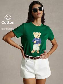 2026 New Arrive Summer Women's Bear Print Round Neck Short Sleeve T-Shirt,Summer,Suitable For Work And Daily Commute/ St Patrick/ Green - Green - View 2