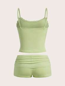 SHEIN EZwear 女士夏季纯色蕾丝吊带背心和褶皱短裤套装，修身两件套；女士休闲撞色蕾丝荷叶边褶皱修身薄荷绿吊带背心和短裤套装，春夏日常穿着 - 薄荷綠 - 查看 2