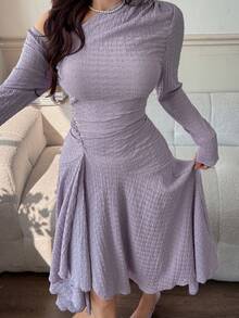 Feyla 女士时尚不对称下摆斜肩收腰长裙 - 紫色 - 查看 6