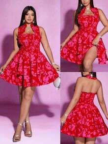 Viva Relle 大码女式优雅印花无肩带领口设计面料收腰荷叶边下摆迷你连衣裙，适合派对和聚会等场合。 - 彩色 - 查看 1