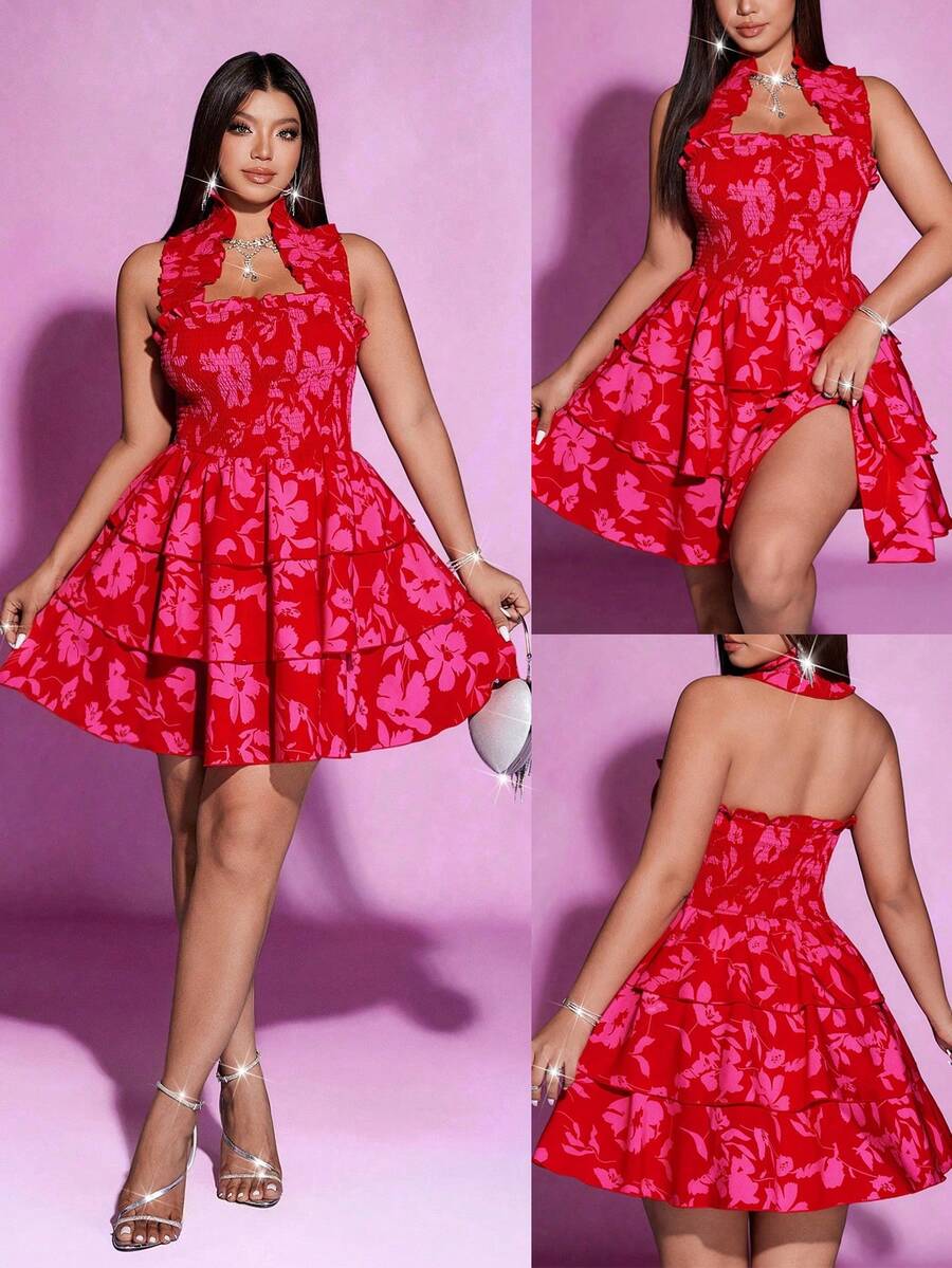 Viva Relle 大码女式优雅印花无肩带领口设计面料收腰荷叶边下摆迷你连衣裙，适合派对和聚会等场合。 - 彩色 - 查看 1