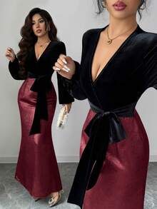 SHEIN Raffinéa Women's Elegant Black & Gold Color Block V-Neck Belted Velvet Top With Skirt,Suitable For Autumn,Formal Evening Party,Dining,And Holiday Occasions - Red - View 3