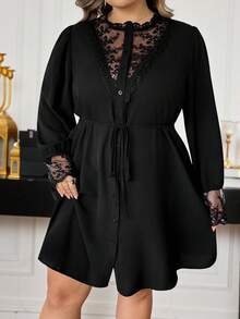 SHEIN CURVE+ Đầm dài tay màu đen phối ren dành cho nữ cỡ lớn - màu đen - Xem 4
