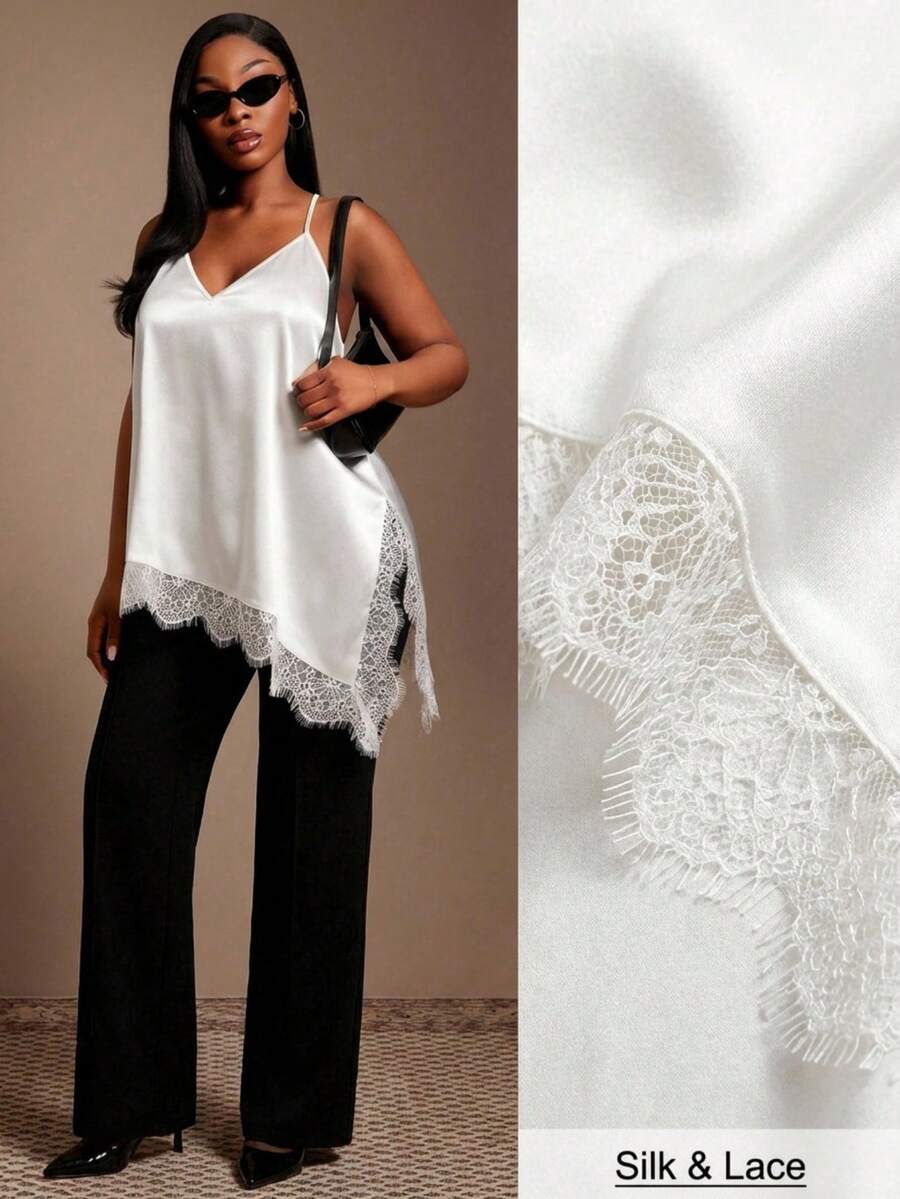 SHEIN SXY 优雅夏季蕾丝拼接吊带背心 - 白色 - 查看 1